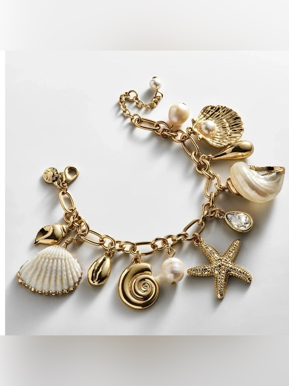 Gold Seashell Charm Bracelet with Pearls and Crystals for a Beachy Vibe NWT &box